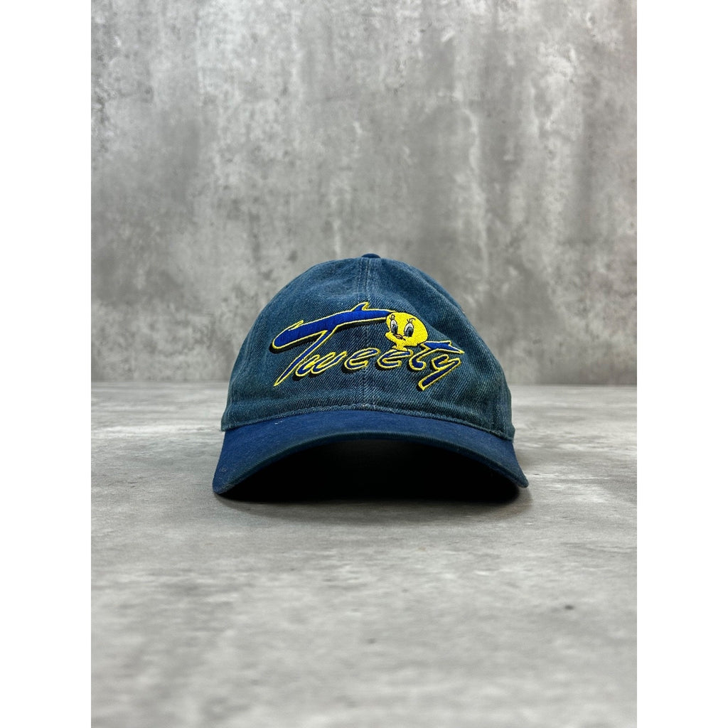 Vintage 2000 Looney Tunes Tweety Bird Embroidered Denim Strapback Hat OSFA