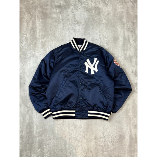 Vintage 90s New York Yankees MLB Satin Starter Bomber Jacket Size Large Blue