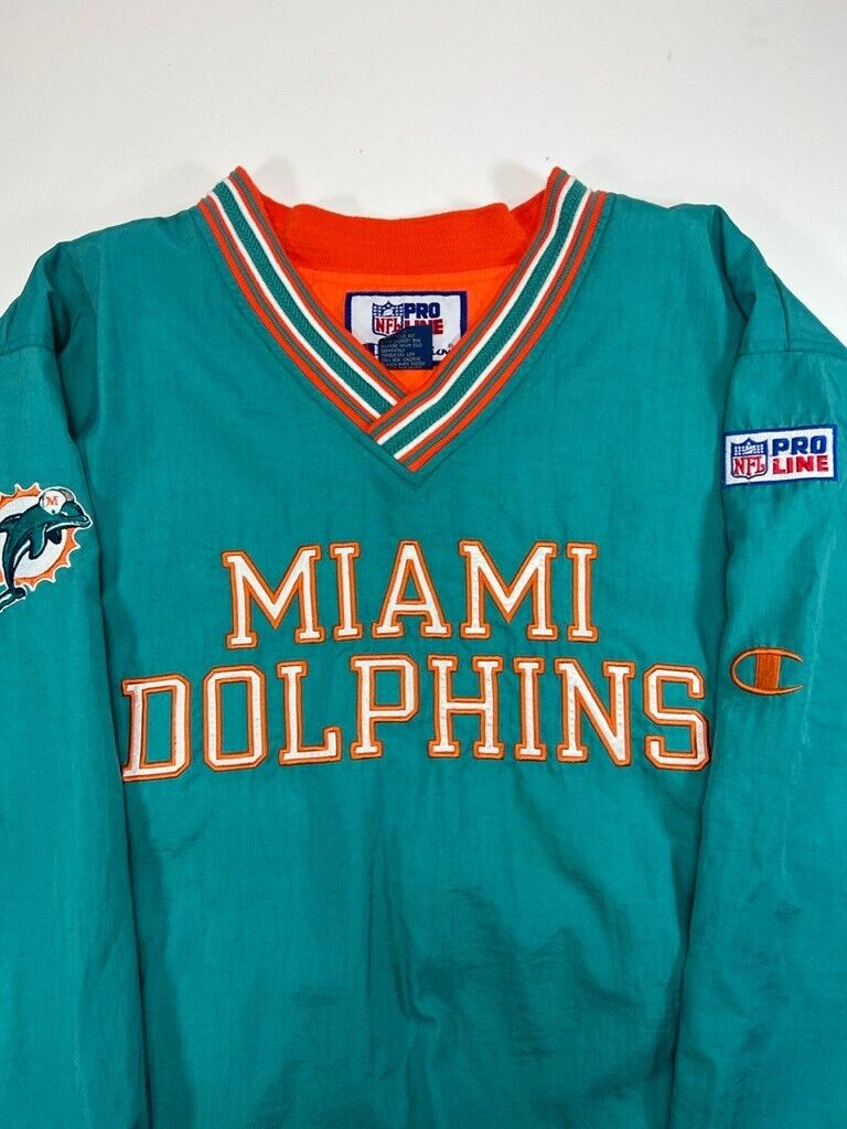 Vintage 90s Miami Dolphins NFL Champion Pull Over Nylon Jacket Size Large Teal