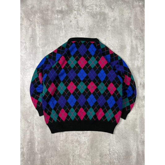 Vintage 90s C.S.T Studio Argyle Print Pullover Ribbed Knit Sweater Size 2XL