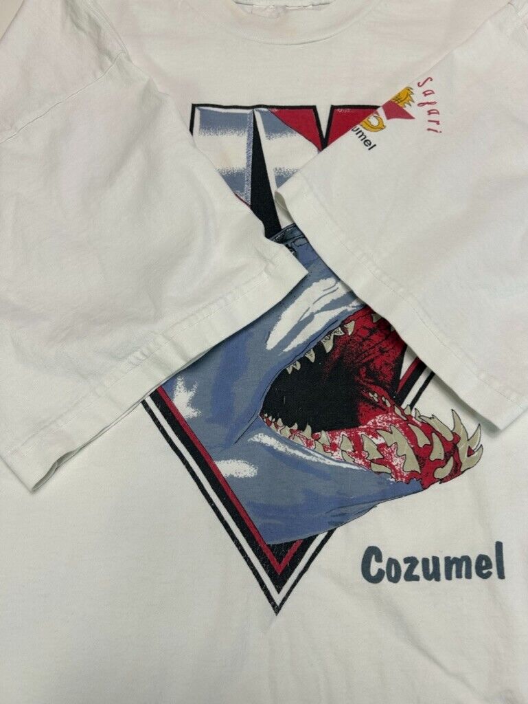 Vintage 90s Dive Cozumel Aqua Safari Shark Graphic Spellout T-Shirt Size Large