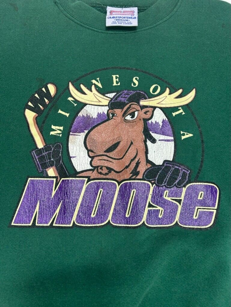 Vintage Minnesota Moose IHL Mascot Spellout Hockey Sweatshirt Size Medium Green