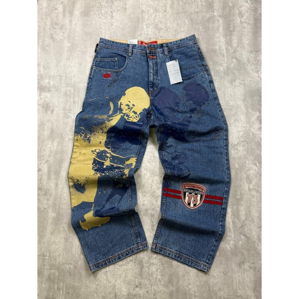 Vintage Y2K Pepe Jeans Big Football Graphic Medium Wash Denim Pants Size 38x33