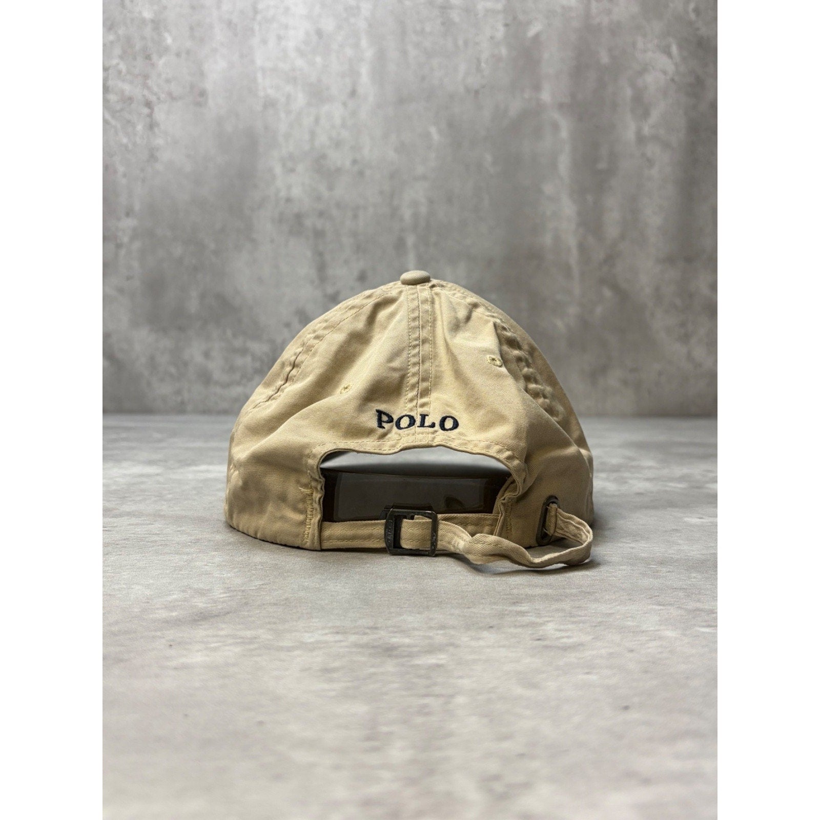 Vintage Polo Ralph Lauren Embroidered Spellout Crest Beige Strapback Hat OSFA