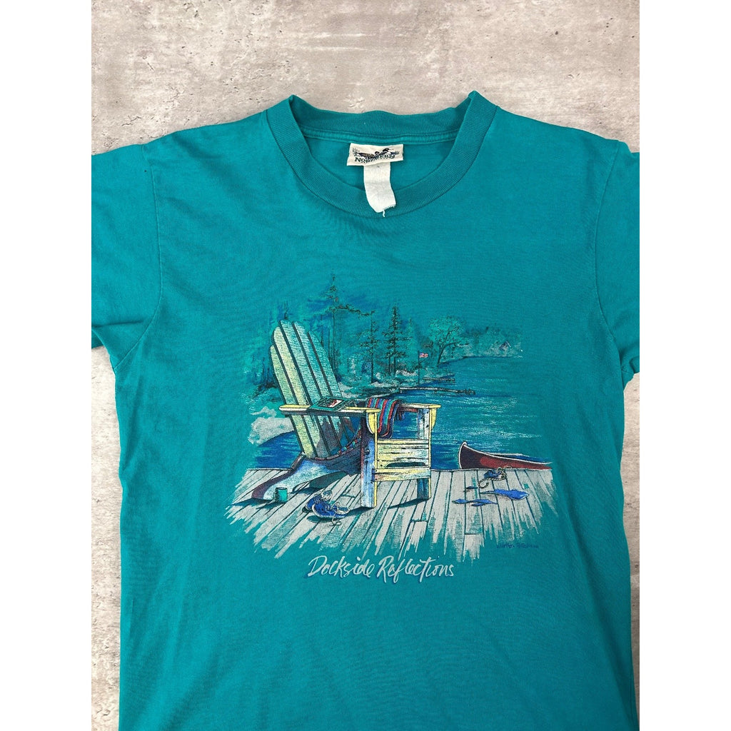 Vintage 90s Deckside Reflections Cottage Landscape Graphic T-Shirt Size Medium