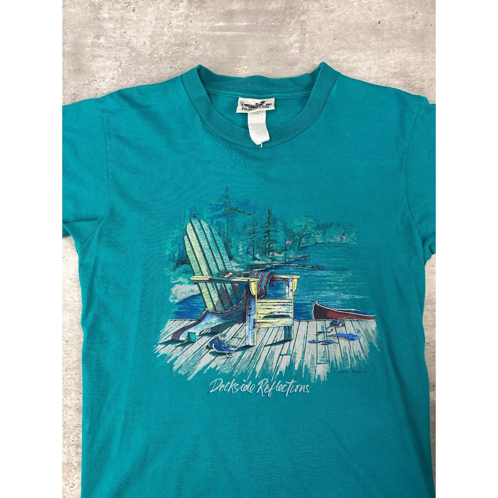 Vintage 90s Deckside Reflections Cottage Landscape Graphic T-Shirt Size Medium