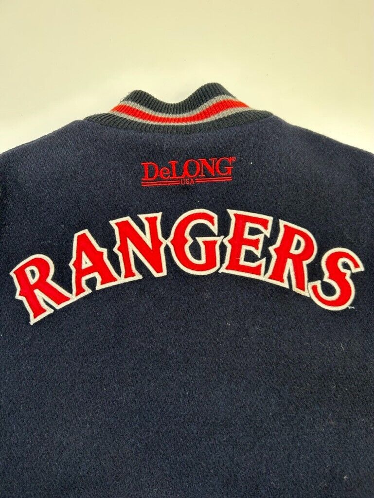 Vintage 90s Texas Rangers MLB Delong Leather Wool Varsity Jacket Size Large