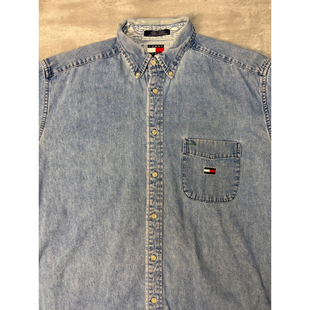 Vintage Tommy Hilfiger Light Wash Denim Long Sleeve Button Up Shirt Size Large