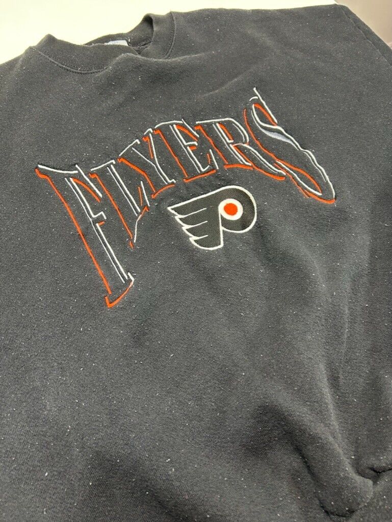 VTG 90s Philadelphia Flyers NHL Embroidered Spellout Hockey Sweatshirt Sz Large