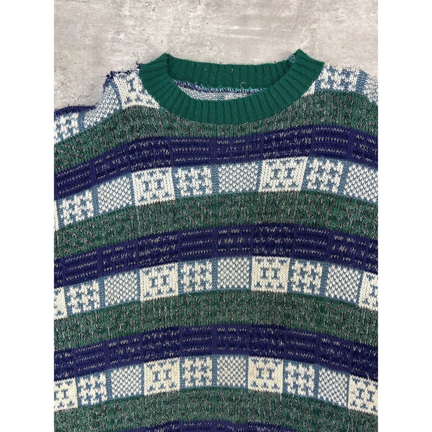Vintage 90s Checkered Striped Print Pullover Knit Sweater Size Large