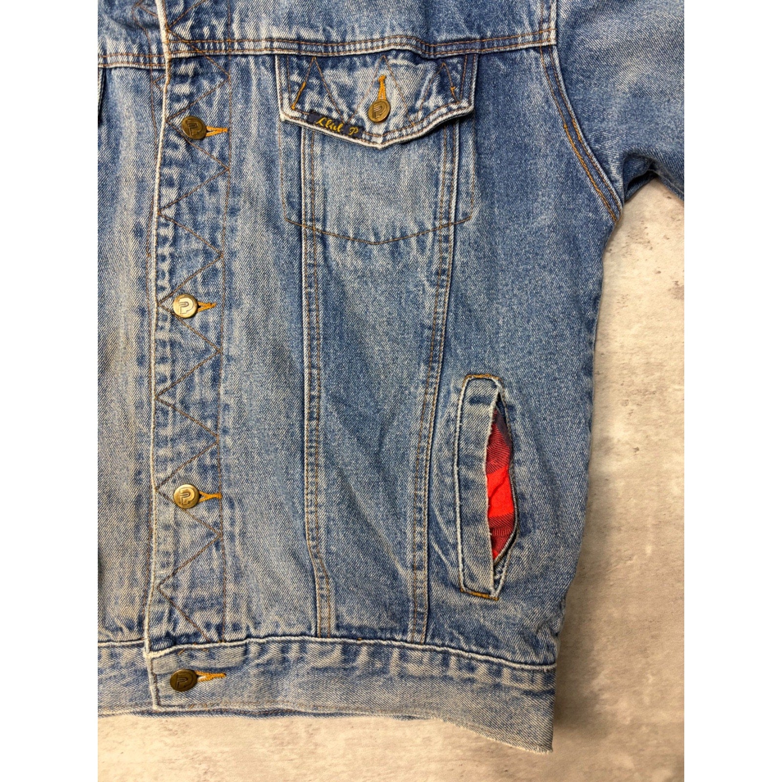 Vintage 90s Club P Plaid Lined Medium Wash Denim Trucker Jacket Size Medium