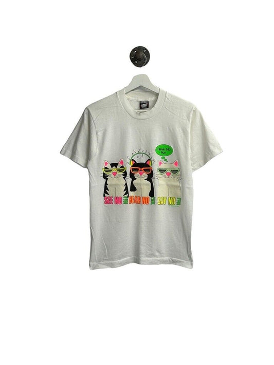 Vintage 1989 See No Evil Hear No Evil Say No Evil Cats Graphic T-Shirt Medium