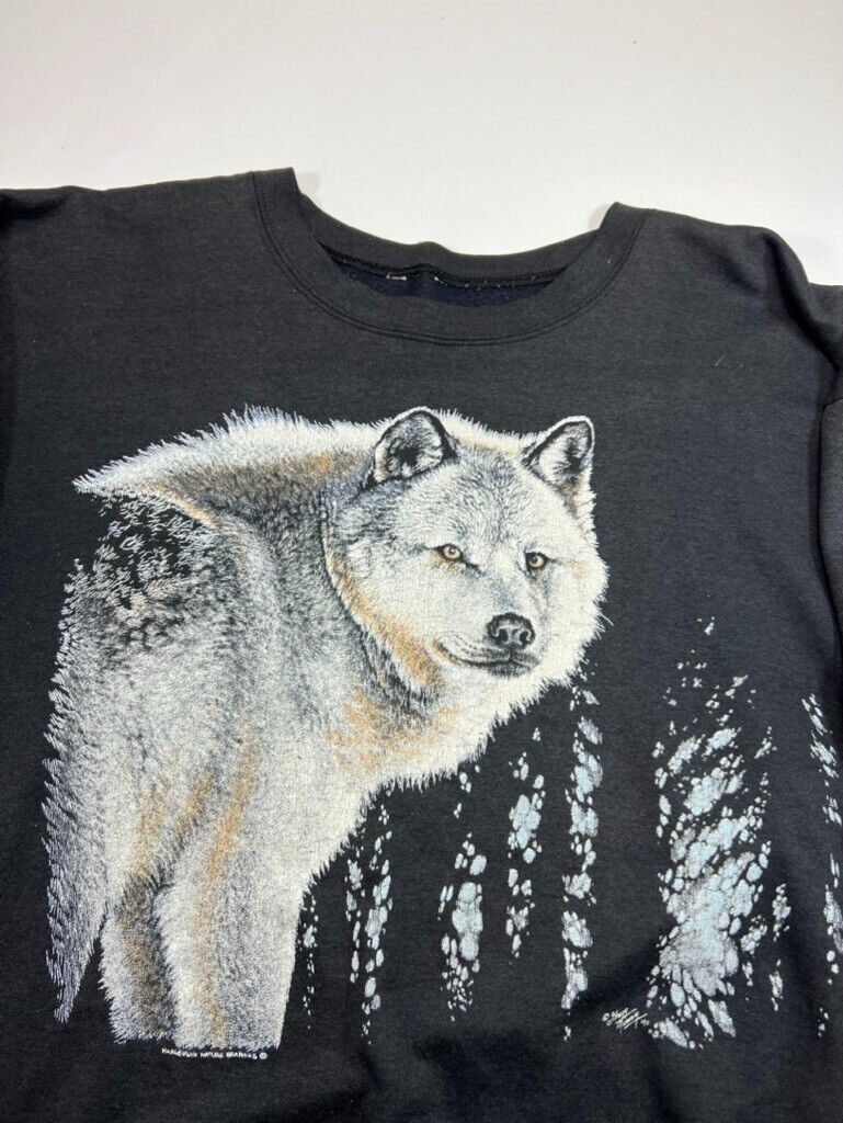 Vintage 1990 Wolf Nature Wilderness Graphic Crewneck Sweater Size 2XL Black 90s