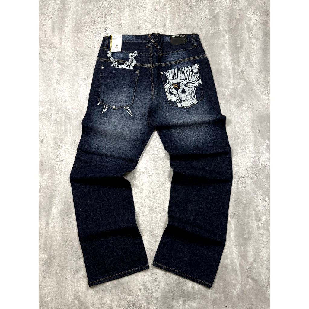 Vintage Y2K Rocawear Embroidered Pocket Skull Dark Wash Denim Pants