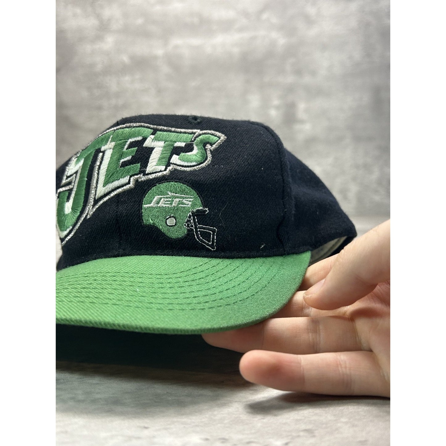Vintage 90s New York Jets NFL Embroidered Spellout Helmet Snapback Hat OSFA