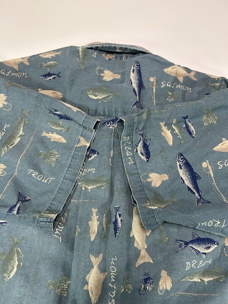 Vintage Salmon River Traders Fish All Over Print Button Up Shirt Size Large