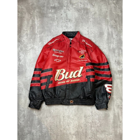 Vintage 90s Jeff Hamilton Budweiser King Of Beers Nascar Leather Race Jacket XL