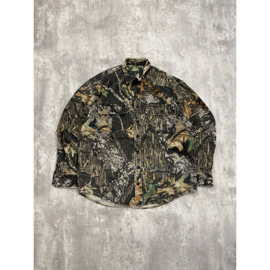 Vintage Cabelas Mossy Oak Tree Camo Hunting Long Sleeve Button Up Shirt LT