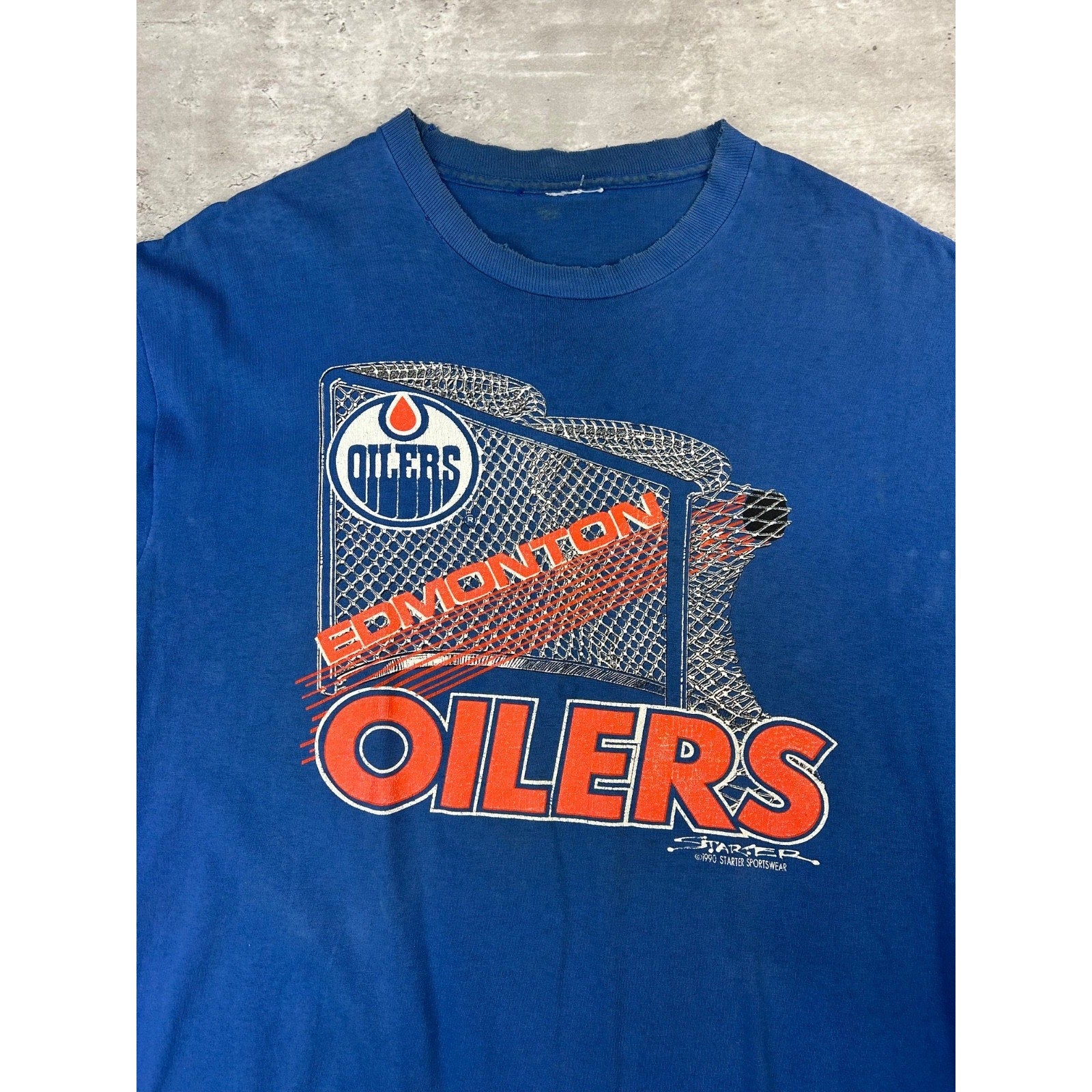 Vintage 1990 Edmonton Oilers NHL Starter Spellout Logo Graphic T-Shirt Size XL
