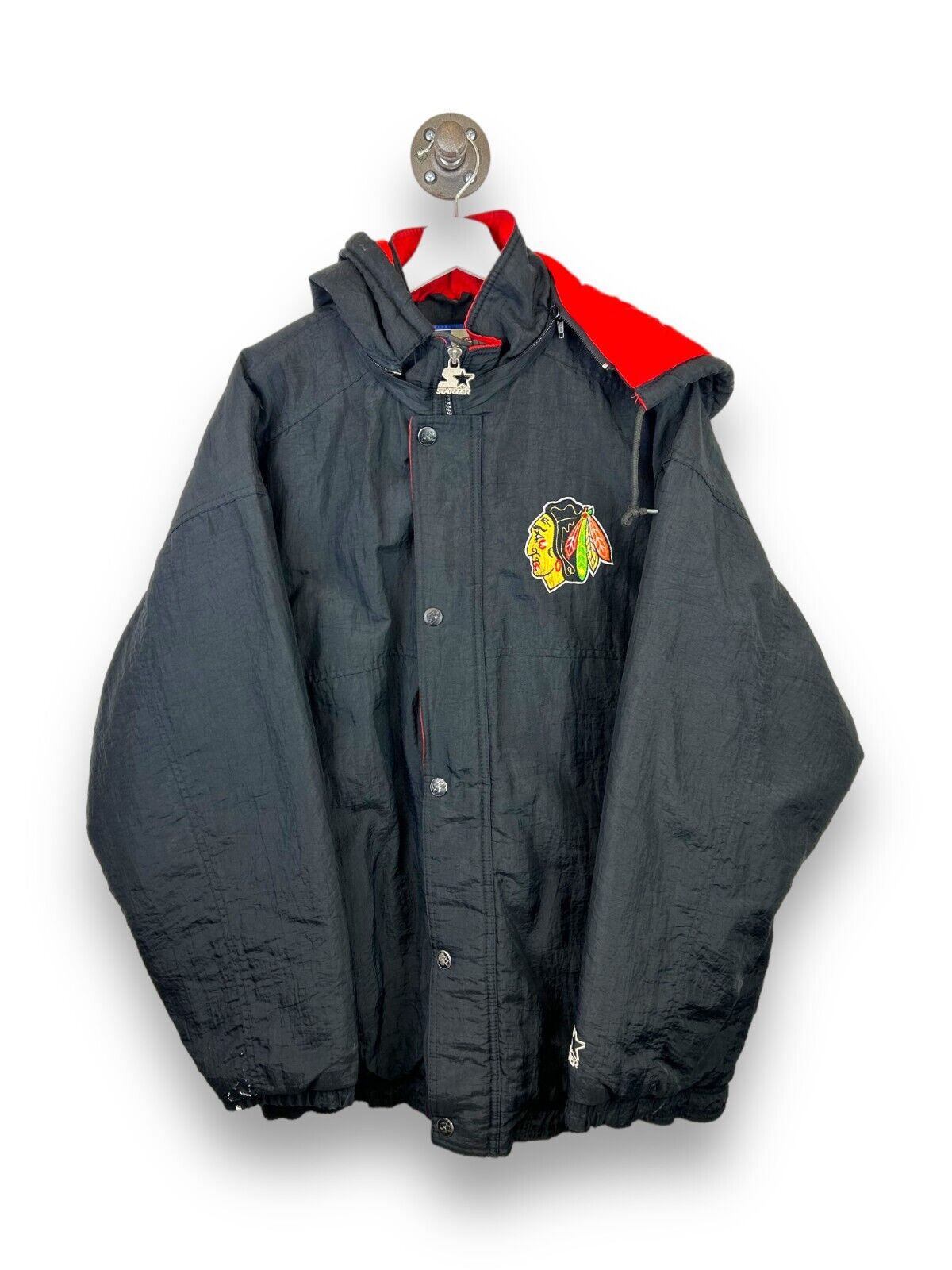 Vintage 90s Chicago Blackhawks NHL Starter Insulated Long Jacket Size XL Black