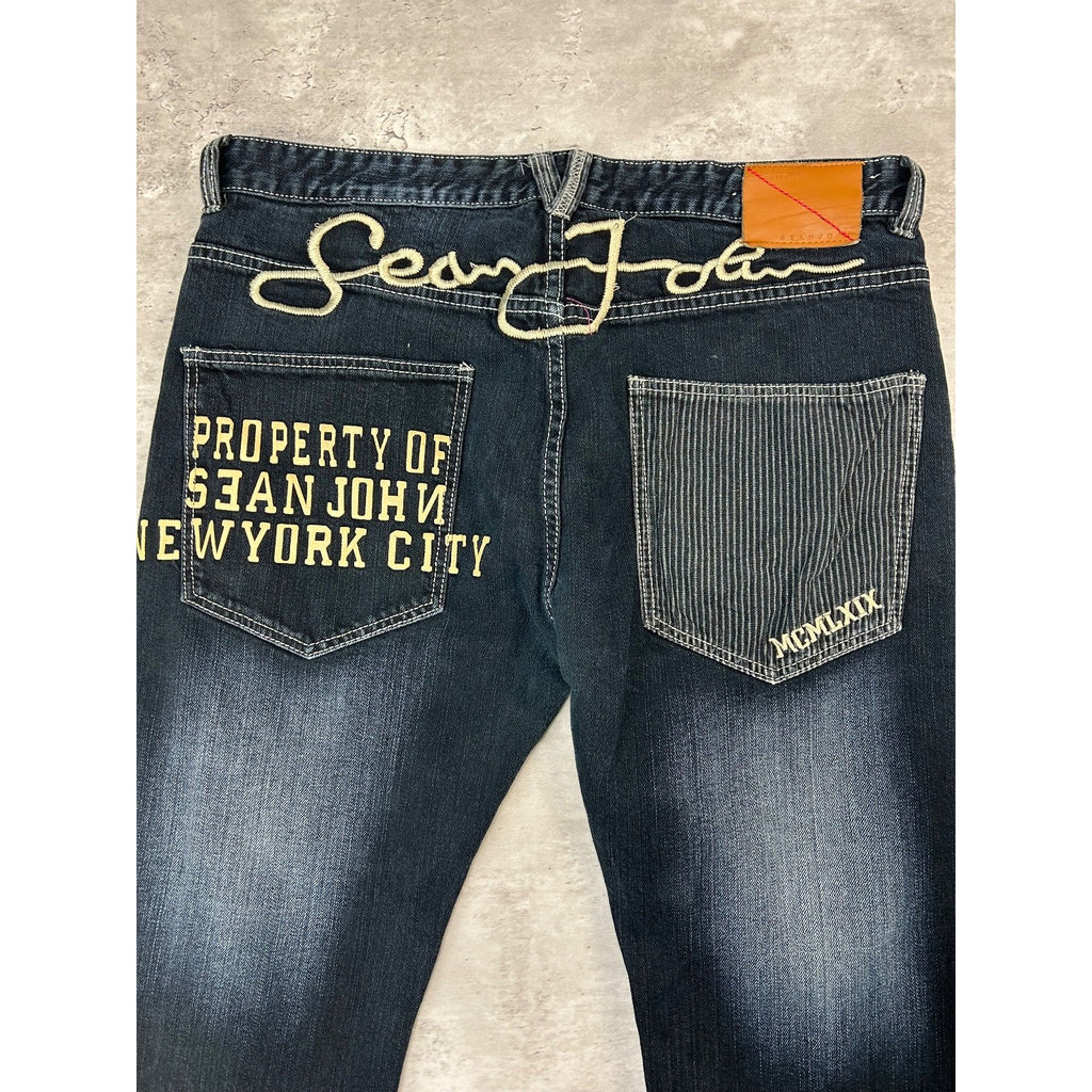 Vintage Y2K Sean Jean Dark Wash Embroidered Spellout Denim Pants Size 38