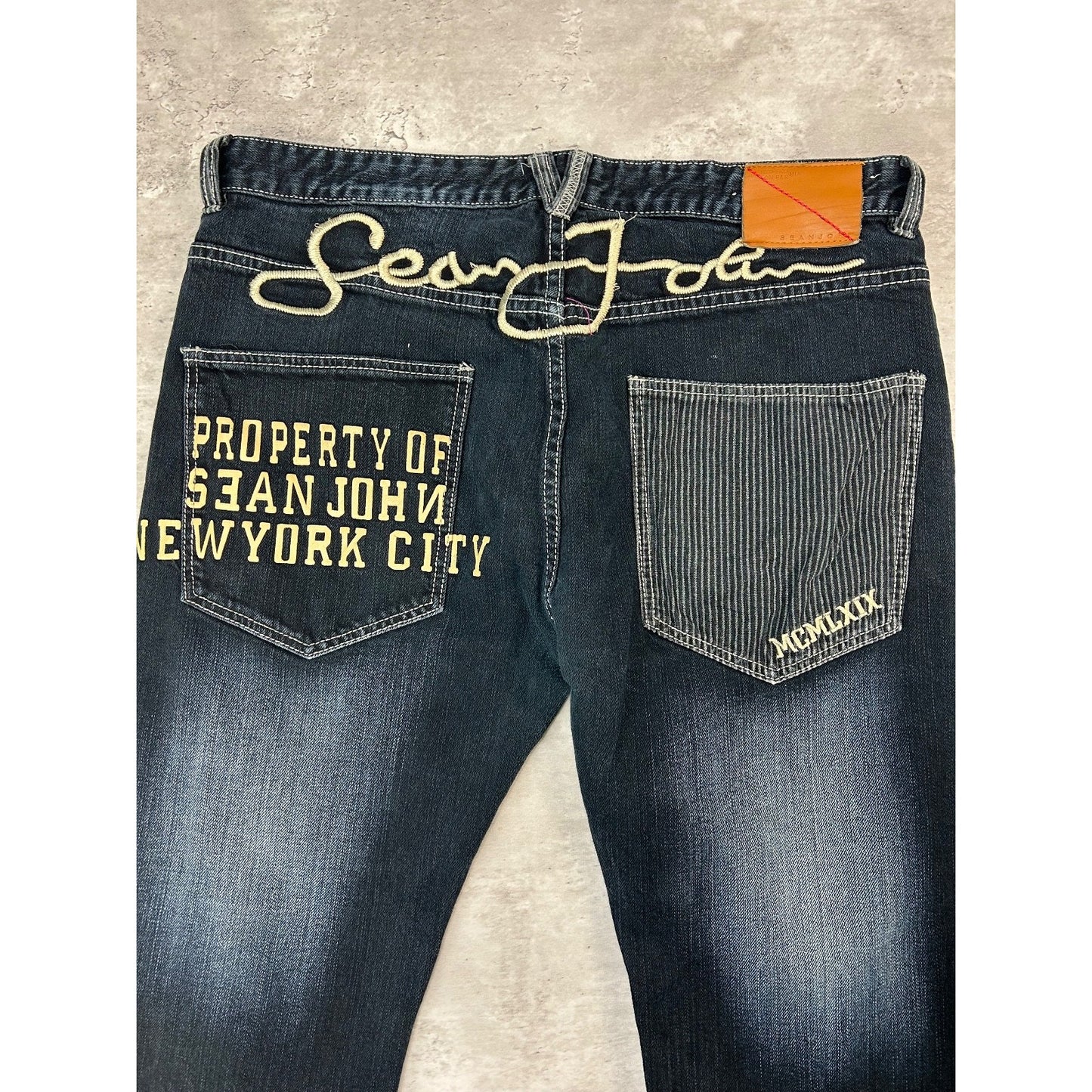 Vintage Y2K Sean Jean Dark Wash Embroidered Spellout Denim Pants Size 38