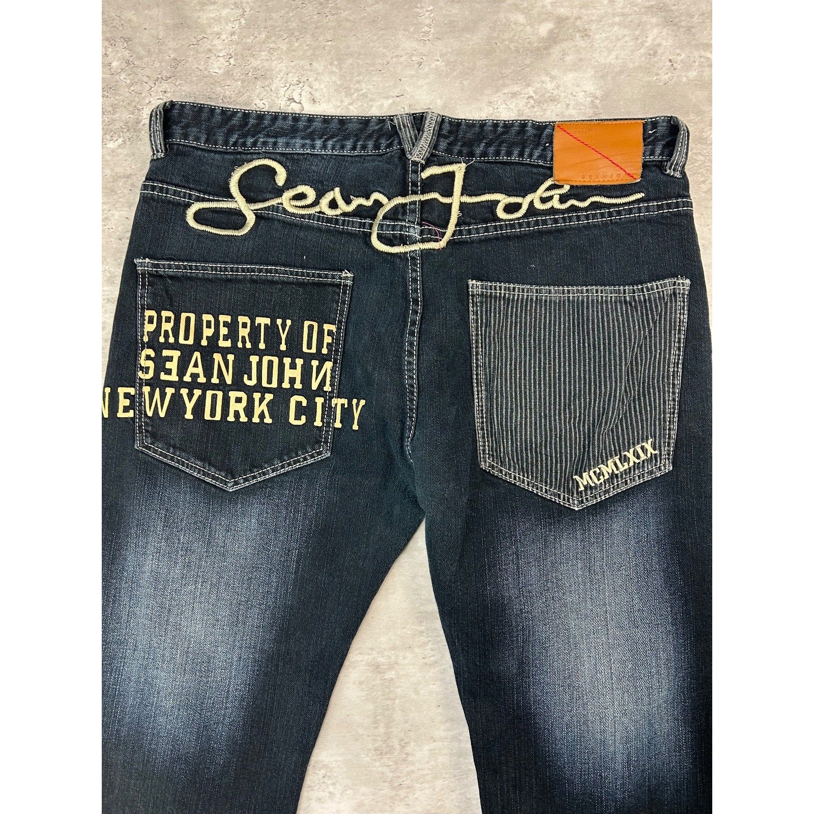 Vintage Y2K Sean Jean Dark Wash Embroidered Spellout Denim Pants Size 38