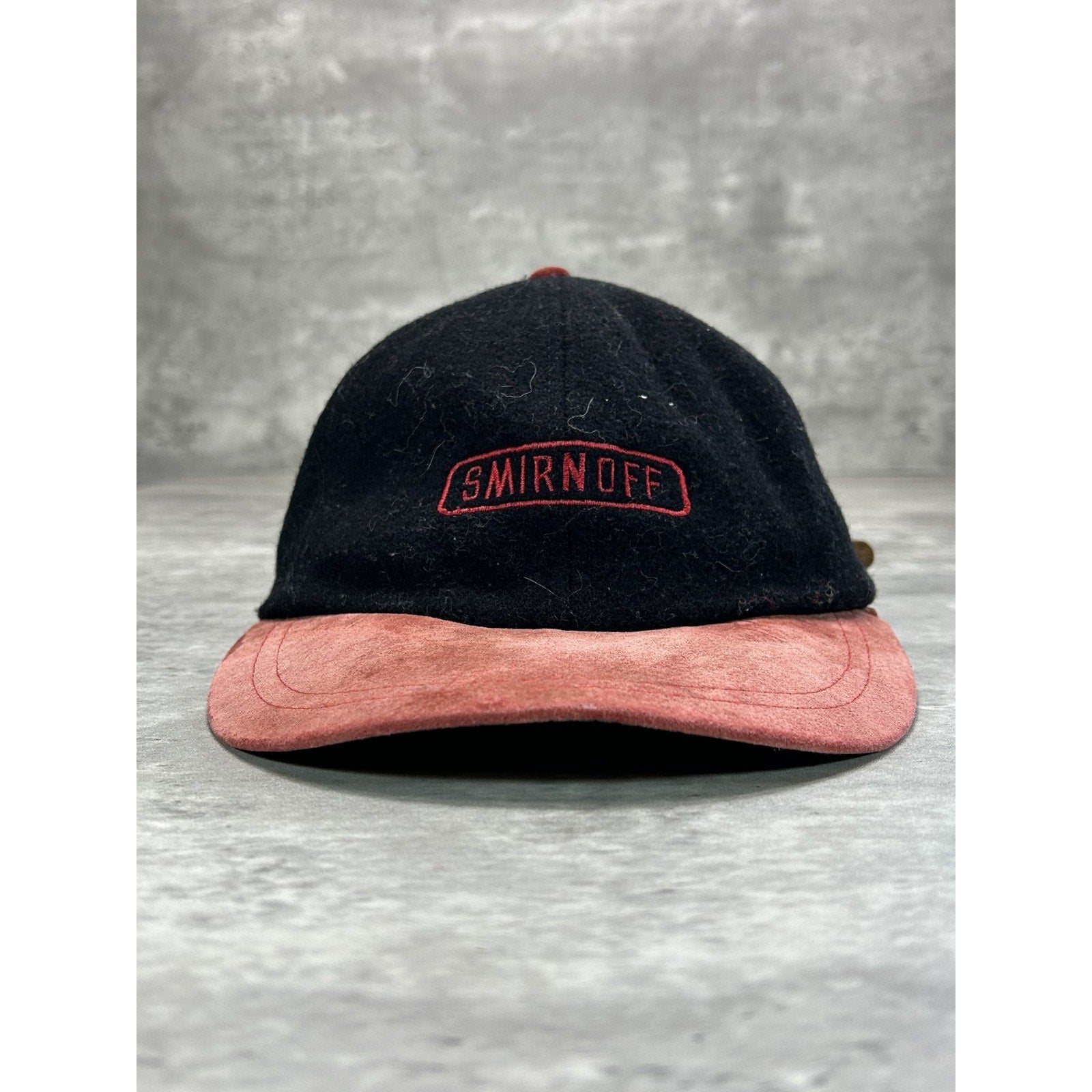 Vintage 90s Smirnoff Vodka Embroidered Spellout Strapback Hat OSFA Black