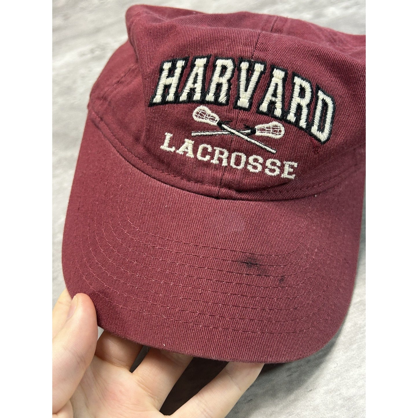 Vintage Harvard Lacrosse NCAA Embroidered Spellout Strapback Hat OSFA Maroon