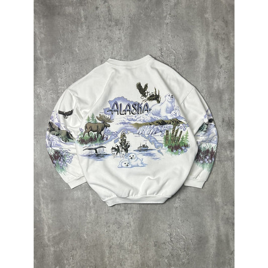Vintage 90s Alaska Nature Animals All Over Print Sweatshirt Size Large White
