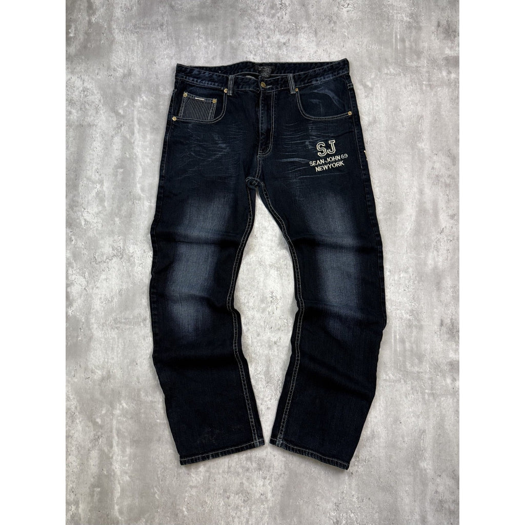 Vintage Y2K Sean Jean Dark Wash Embroidered Spellout Denim Pants Size 38