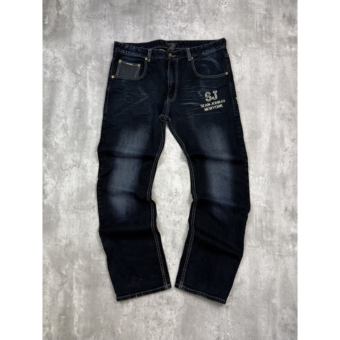 Vintage Y2K Sean Jean Dark Wash Embroidered Spellout Denim Pants Size 38
