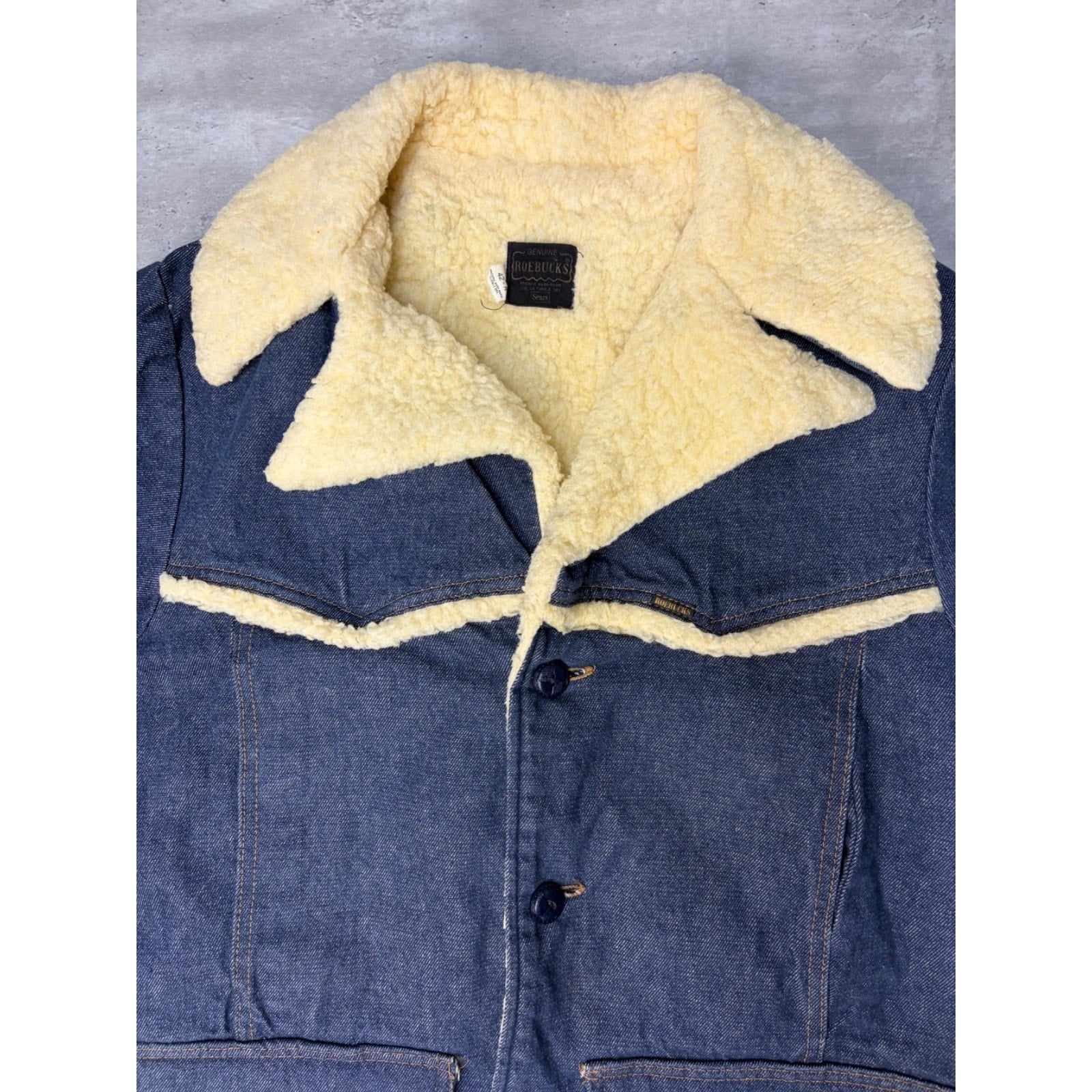 Vintage 1960s Sears Roebucks Dark Wash Denim Sherpa Collar Jacket Size Large