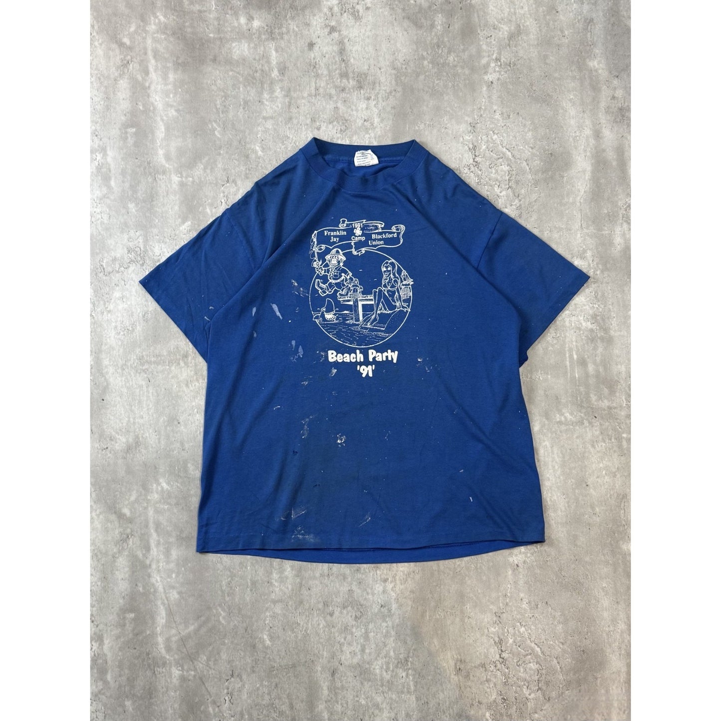 Vintage 1991 Beach Party Cartoon Graphic Distressed T-Shirt Size XL Blue