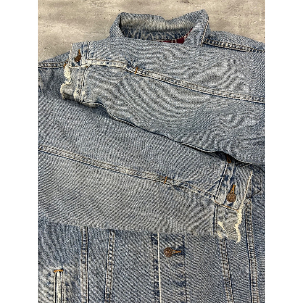 VTG 90s Levis Plaid Lined Red Tab Light Wash Denim Type 3 Trucker Jacket Size XL