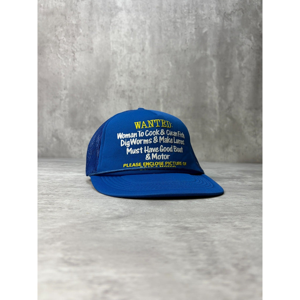 Vintage 80s Wanted Woman To Cock And Clean Fish Trucker Snapback Hat OSFA