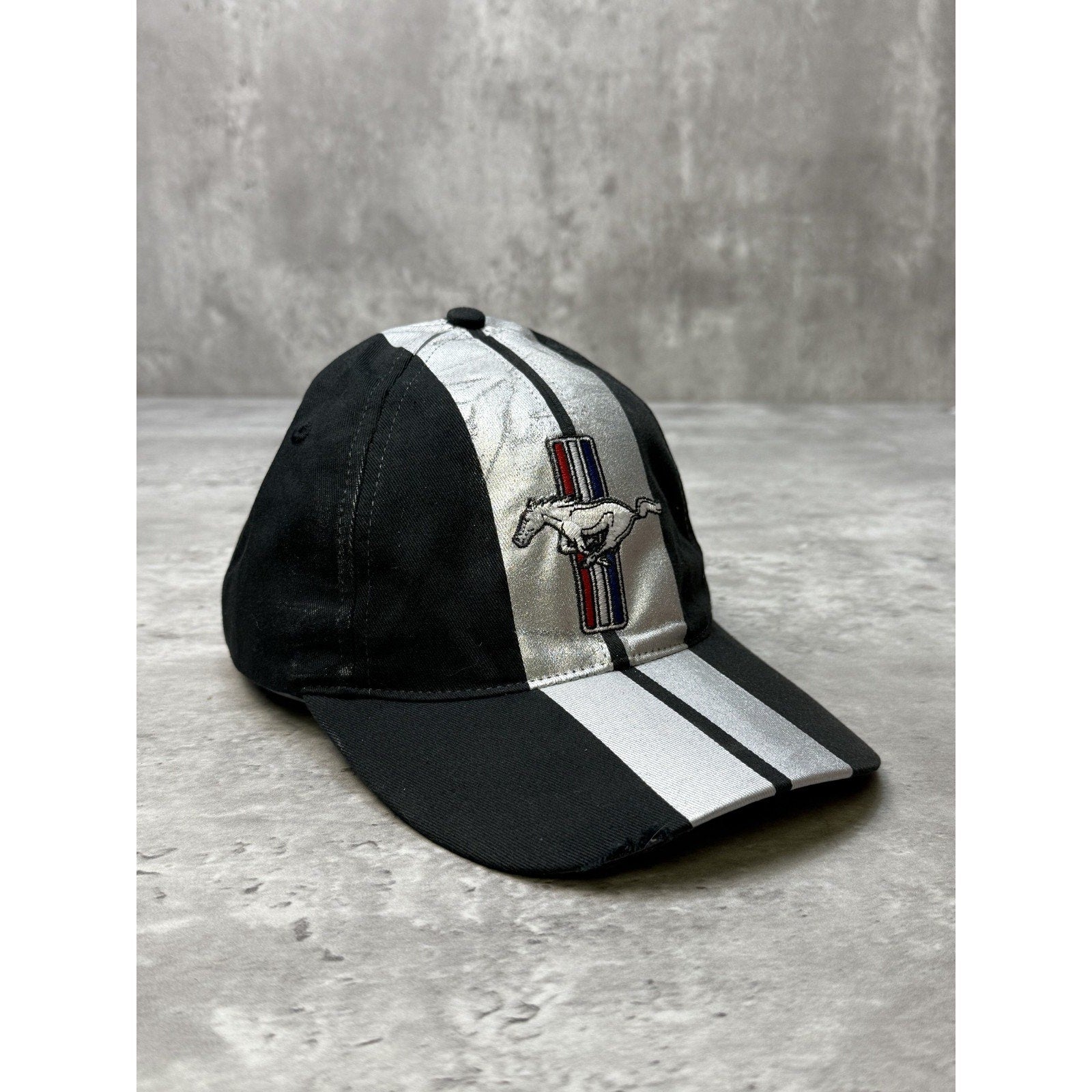 Vintage Ford Mustang Embroidered Logo Racing Stripe Strapback Hat OSFA