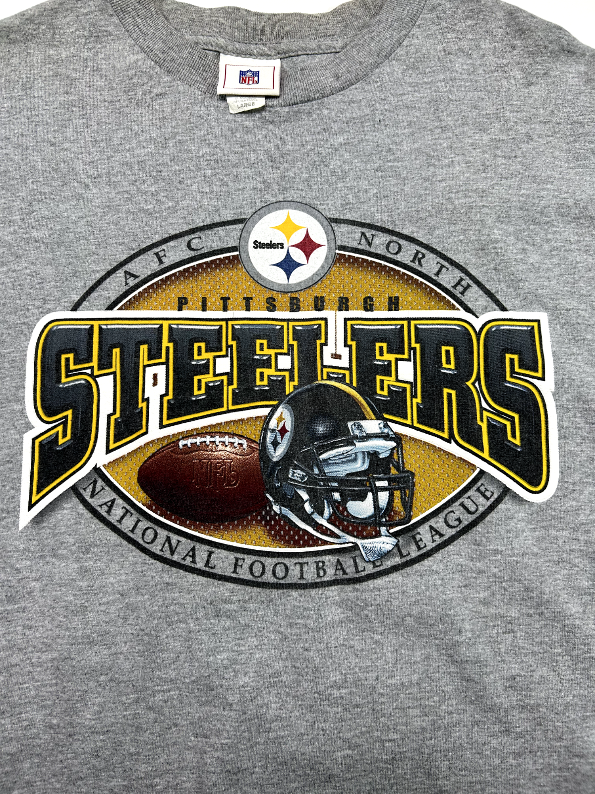 Vintage Pittsburgh Steelers NFL Graphic Helmet Spellout T-Shirt Size Large Gray