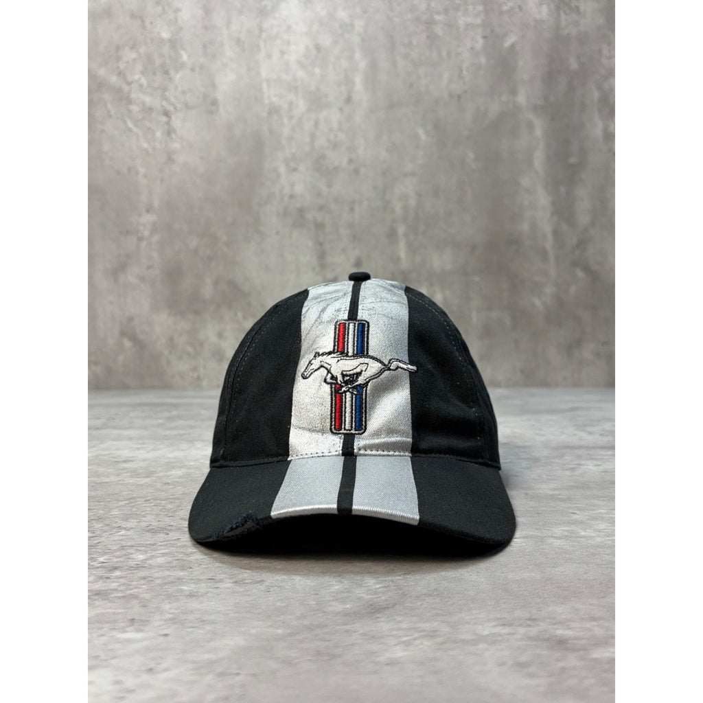 Vintage Ford Mustang Embroidered Logo Racing Stripe Strapback Hat OSFA