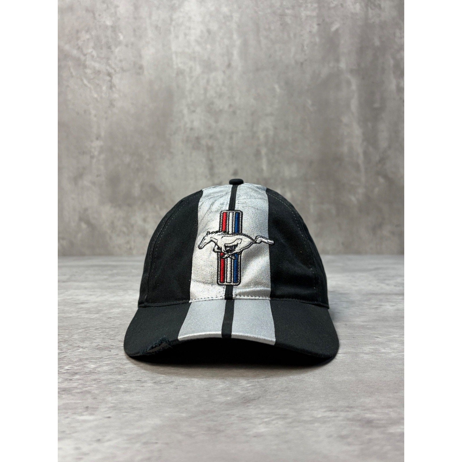 Vintage Ford Mustang Embroidered Logo Racing Stripe Strapback Hat OSFA