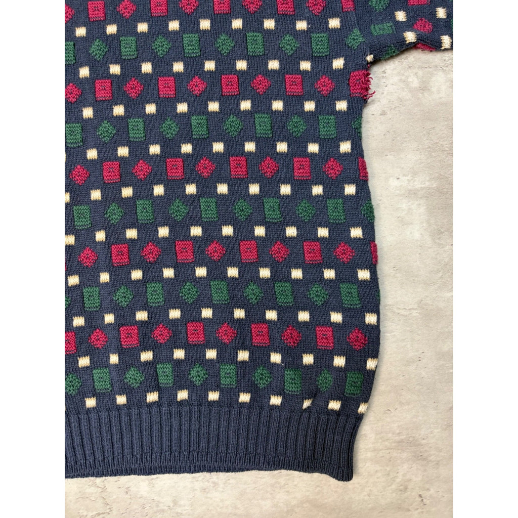 Vintage 90s Geometric Pattern Print Pullover Ribbed Knit Sweater Size Large