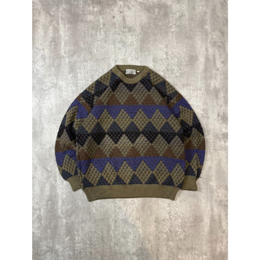 Vintage 90s Progetto Diamond Print Pullover Ribbed Knit Sweater Size Large