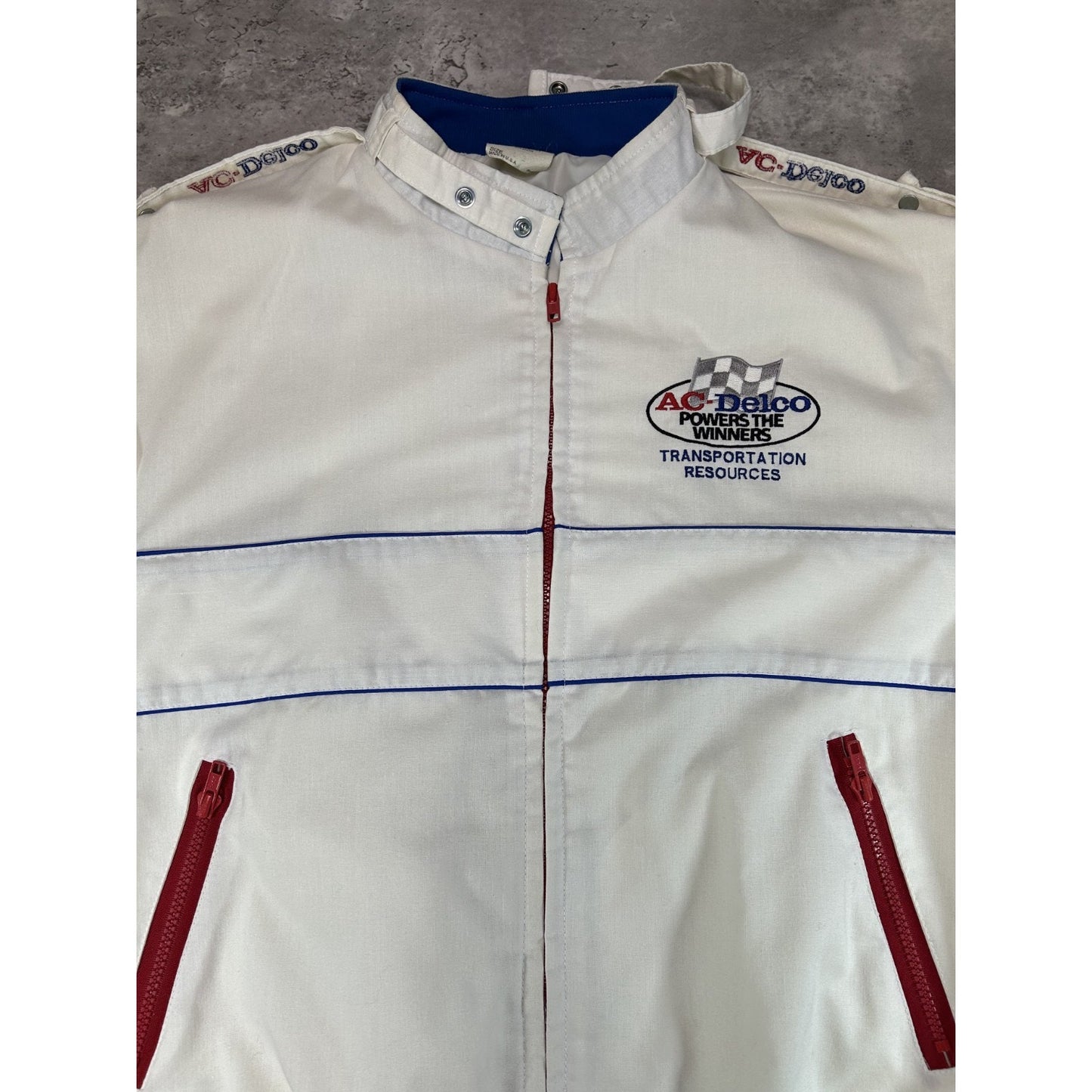 Vintage 80s Al-Delco Embroidered Logo Full Zip Racing Bomber Jacket Size Large