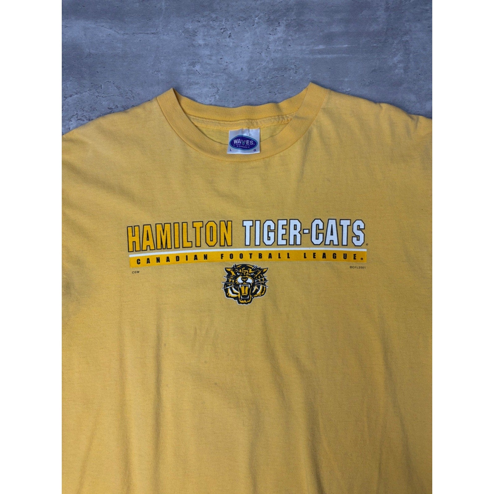 Vintage 2001 Hamilton Tiger Cats CFL Spellout Graphic Football T-Shirt Sz Large