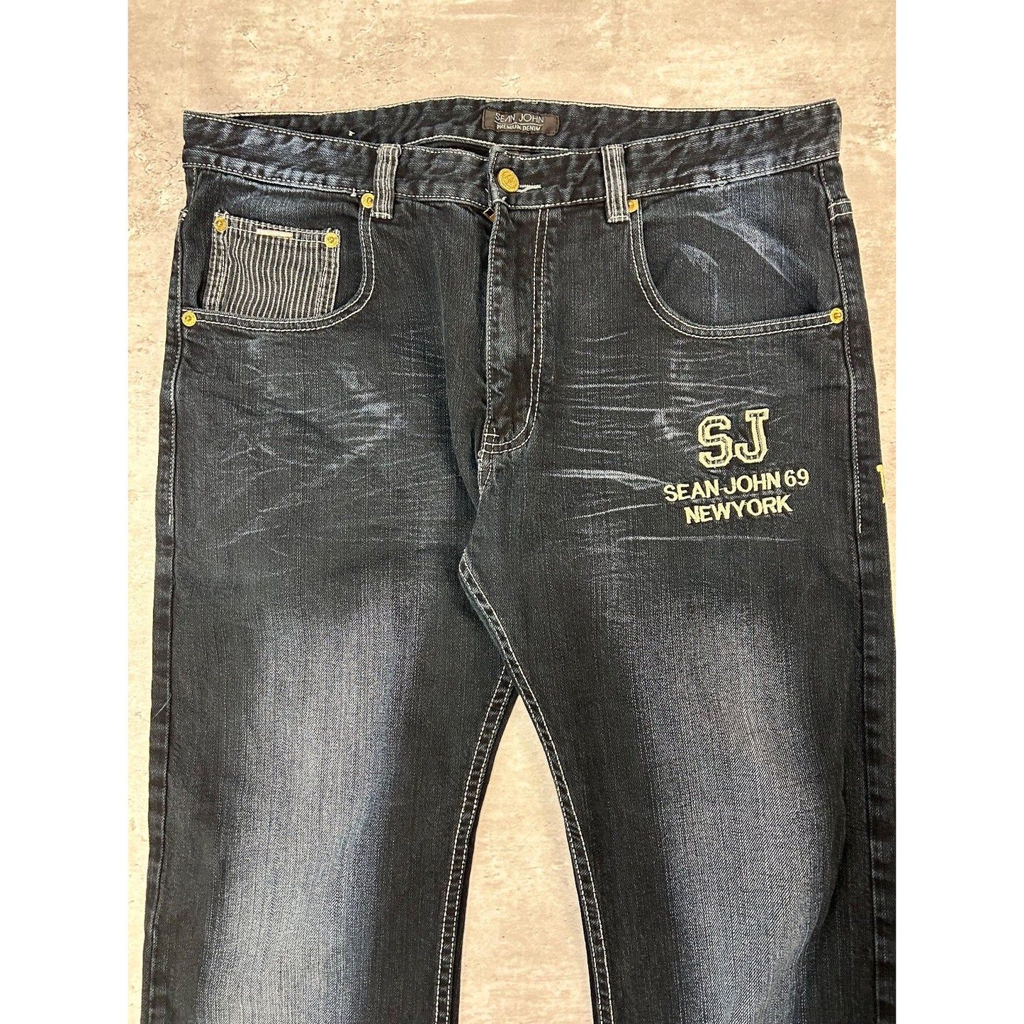 Vintage Y2K Sean Jean Dark Wash Embroidered Spellout Denim Pants Size 38