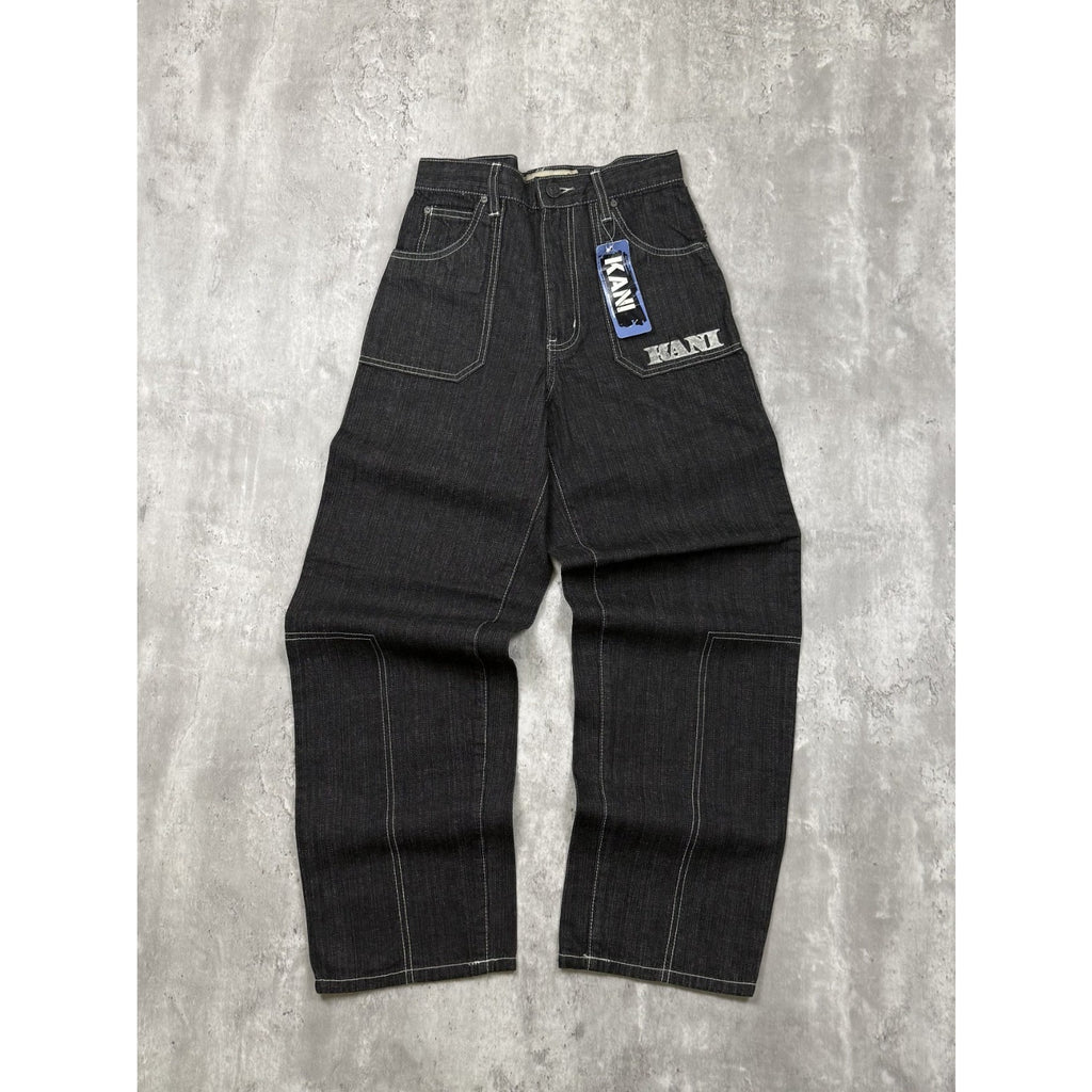 Vintage Y2K Womens Kani Embroidered Spellout Black Wash Denim Pants Size 28x29
