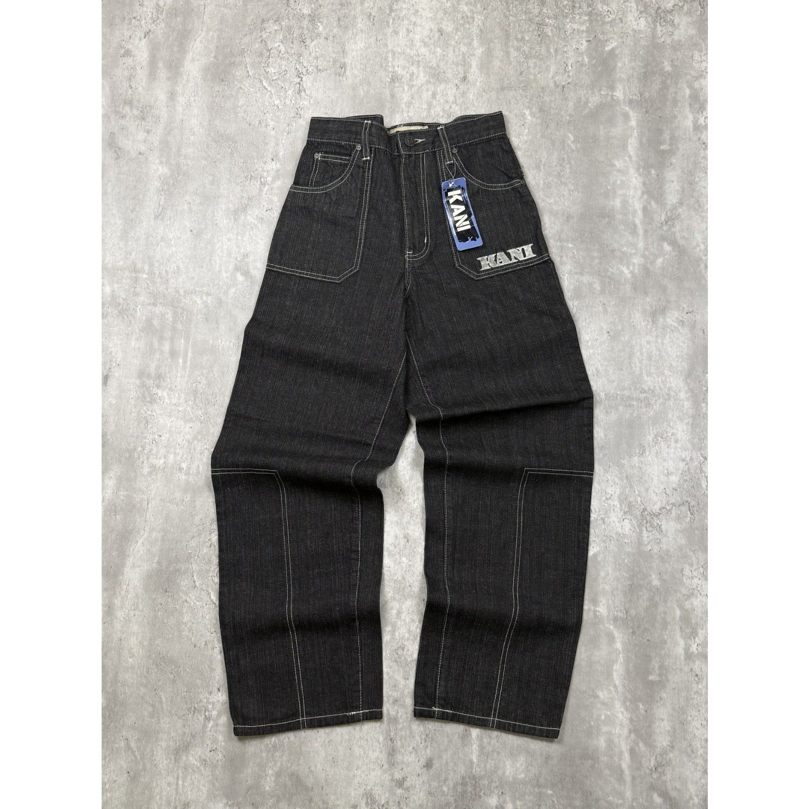 Vintage Y2K Womens Kani Embroidered Spellout Black Wash Denim Pants Size 28x29