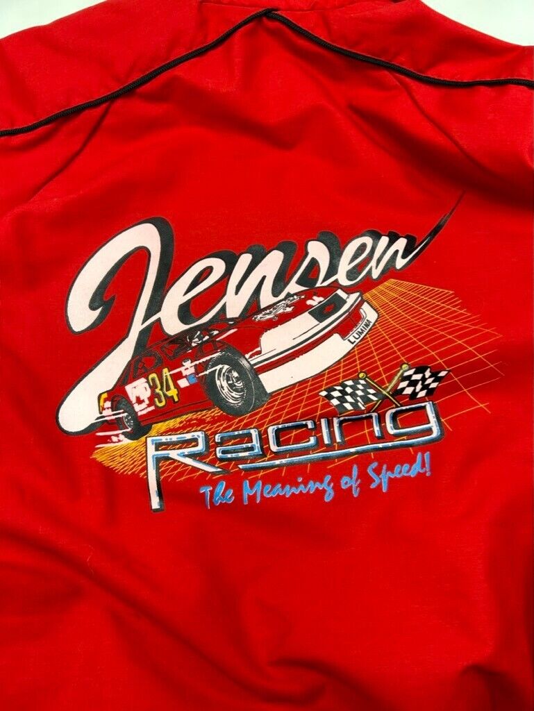 Vintage 80s Jensen Racing Car Graphic Full Zip Bomber Jacket Size Large Red