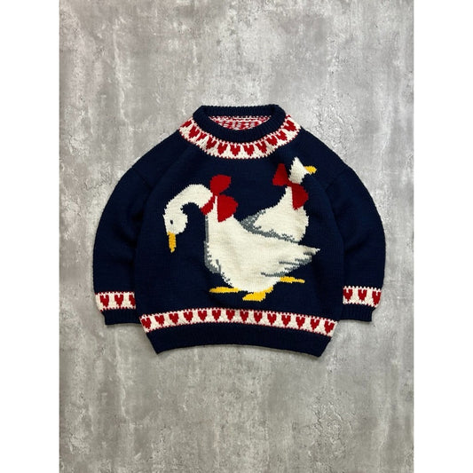 Vintage 90s Duck Graphic Heart Striped Pullover Knit Sweater Size Large