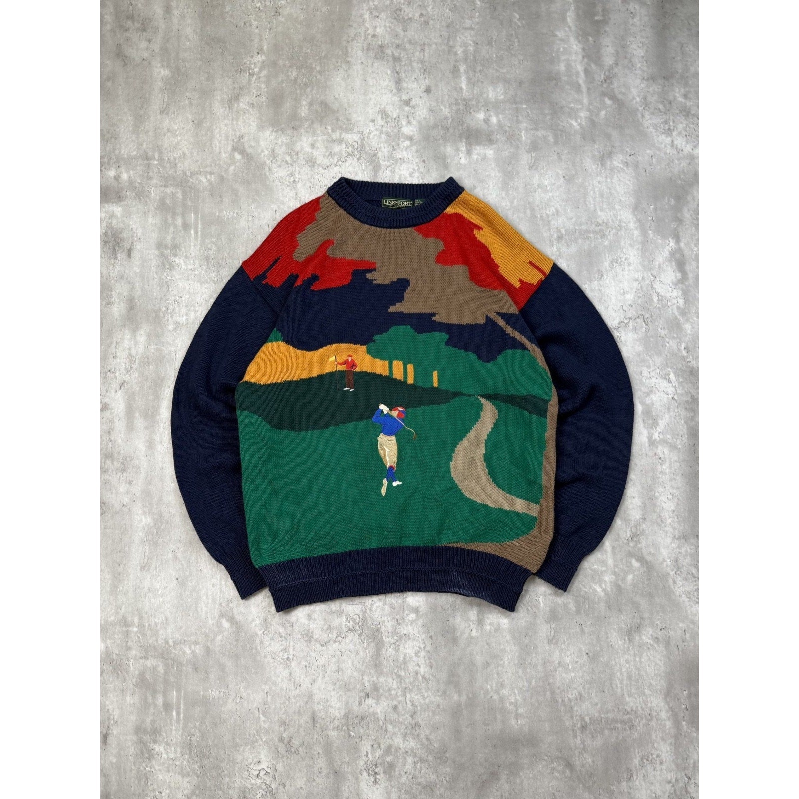 Vintage 90s Linksport Golf All Over Print Graphic Knit Sweater Size Large